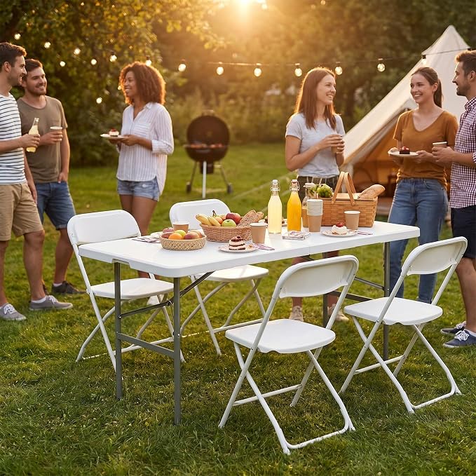 NEWBULIG 4 FT Foldable Table Easy to Fold and Store, Folding Picnic Table for Picnic Camping Kitchen Dining Party Outdoor Indoor with Carrying Handle, White