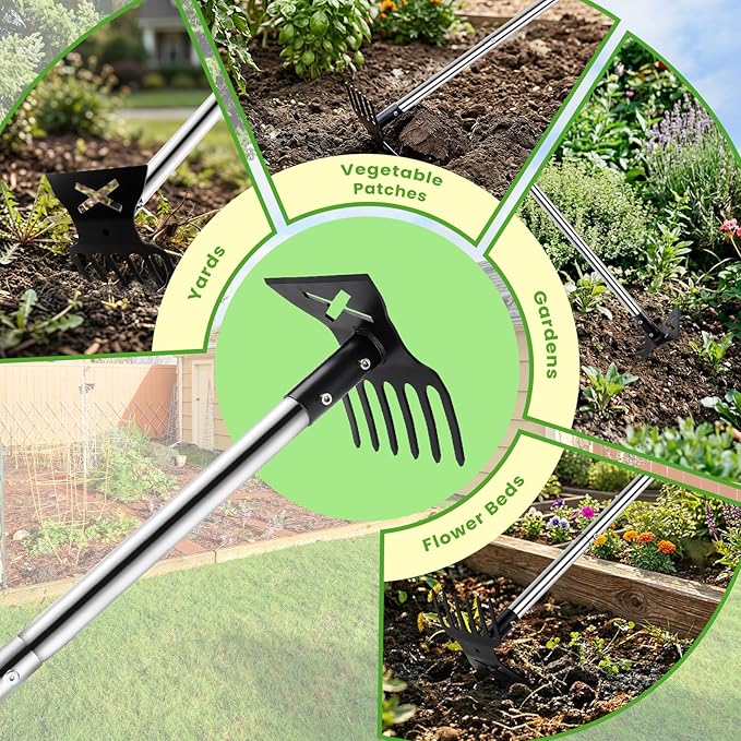 2 in 1 Garden Hoe for Weeding with Cultivator Rake, 57" Garden Weeders and Cultivators, Heavy Duty Hoe Garden Tool with Adjustable Long Handle, Manual Weed Tools for Gardening, Planting,Loosening Soil