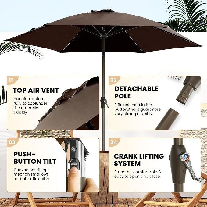 Ayge 7.5FT Large Outdoor Patio Umbrella Market Table Umbrella-UV Resistant, Easy Push Button Tilt and Crank, 6 Sturdy Fiberglass Ribs Heavy-Duty Pool Umbrella for Deck, Backyard,Garden, Yard,Brown