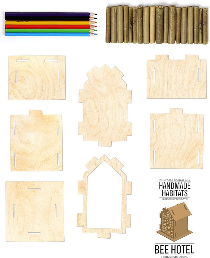 Gift Republic Handmade Habitats Personalised Bee Hotel Kit with 6-Pack Colouring Wooden Pencils Pencil Colours Orange/Black/Purple/Red/Green/Light Blue
