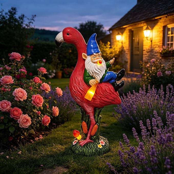 Solar Garden Gnome Riding Flamingo Sculpture with LED Light, Resin, Multicolor, Outdoor Yard Lawn Patio Decor
