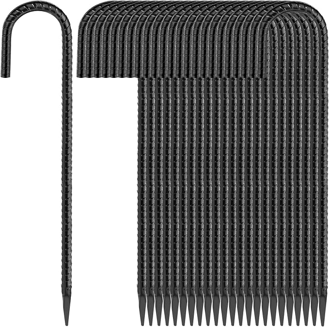Besitu 16 Inches 24-Pack J Hook Rebar Stakes Heavy Duty Tent Stakes with Chisel Point End, Steel Ground Anchors Metal Garden Stakes Chain Link Fence Stakes Black Coated