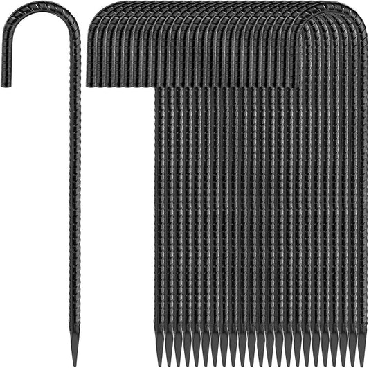 Besitu 16 Inches 24-Pack J Hook Rebar Stakes Heavy Duty Tent Stakes with Chisel Point End, Steel Ground Anchors Metal Garden Stakes Chain Link Fence Stakes Black Coated