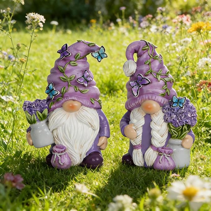 Hodao 2Pcs Purple Lavender Butterfly Gnome Figurine Set for Yard, Lawn, Patio, Porch - Weatherproof Resin Garden Decoration - Outdoor Decor & Unique Gnome Gift for Women