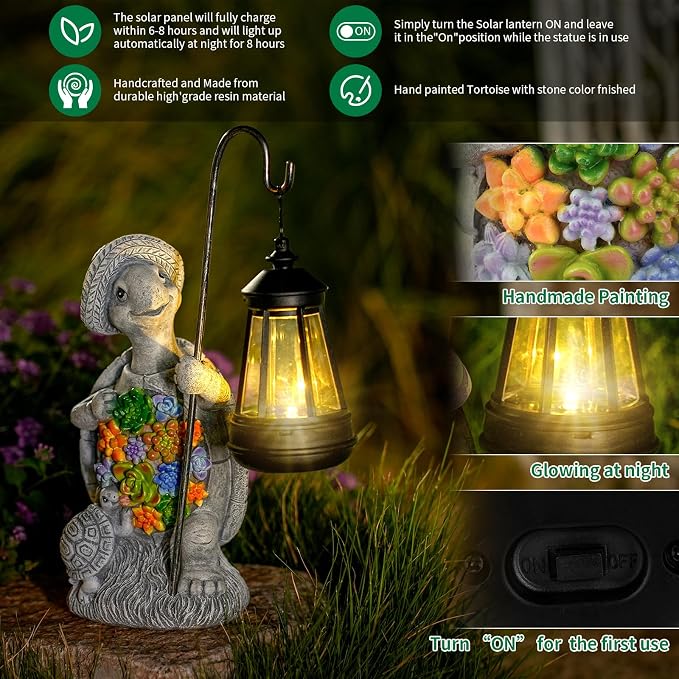 Solar Garden Outdoor Statue Turtle with Hanging LED Lantern —Outside Solar Turtle Decor for Garden,Home,Lawn,Yard, Balcony Ornament- Unique Housewarming Gifts