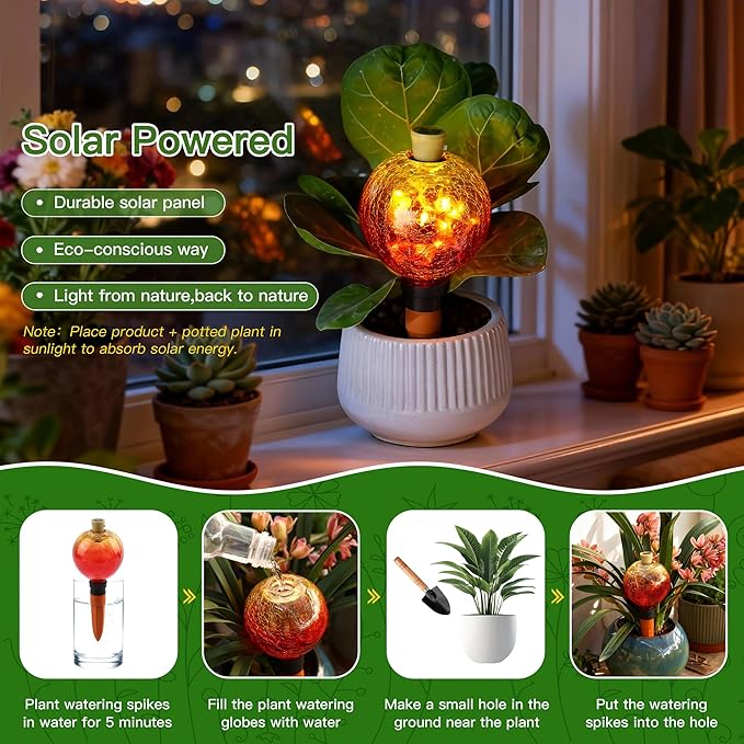 SAVENNA Crackle Glass Plant Watering Globe with Terracotta Spike,Self-Watering Irrigation for Potted Plants, with Solar Accent Light for Indoor & Outdoor Décor, 17oz, Gold–Red Gradient