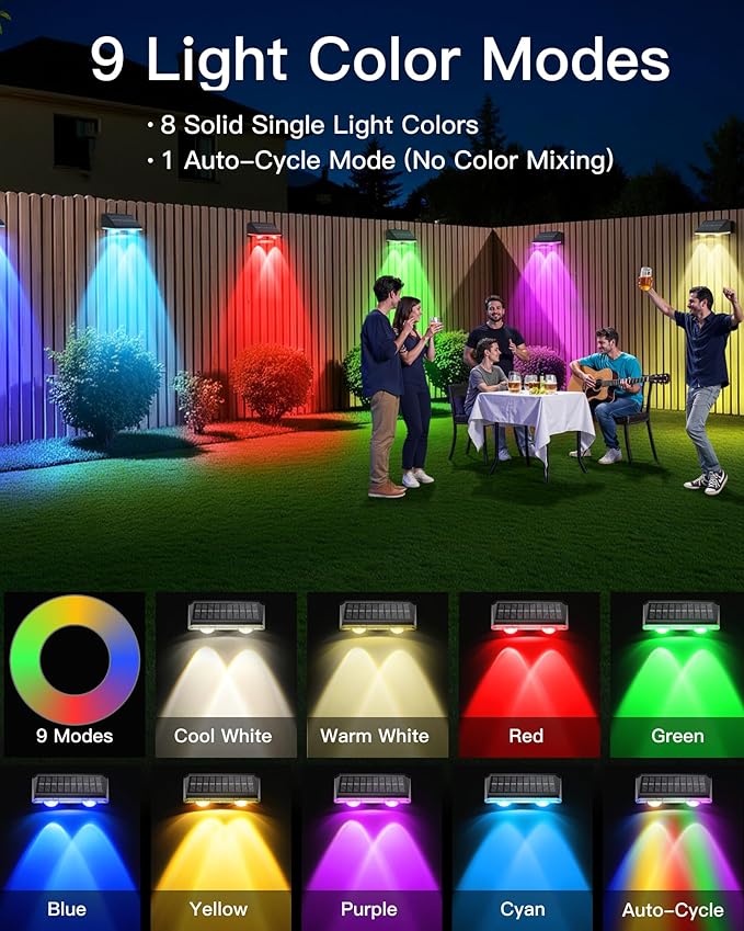 KEILAIMO Solar Fence Lights Outdoor, 12 Pack IP65 Waterproof Fence Lights Solar Powered with Ultra-Bright LED Lens, 9 Color Modes, 12+ Hours Steady Glow for Deck/Backyard/Patio/Pool/Wall - Black
