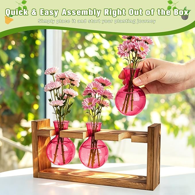 XXXFLOWER Glass Plant Terrarium Propagation Station, Gifts for Mom Plant Lovers Wife Daughter, 3 Bulb Glass Vase Plant Terrarium Tabletop for Hydroponics Home Office Indoor Decor (Pink)