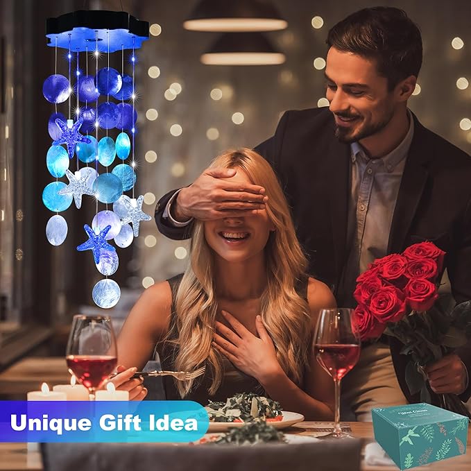 Solar Shell Gift for Mom Grandma Girls, White & Blue Solar Wind Chimes for Outside, Outdoor Decorative Mobile Lights for Garden, Yard, Patio, Window, Party, Outdoor Decorations