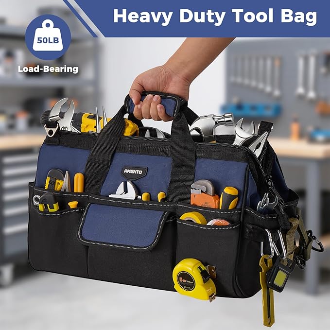 18-Inch Heavy Duty Tool Bag, 22 Pockets Empty Tool Box Organizer Storage, Soft Tote Toolbox Organization Portable Handle Carrying Work Toolbag, Father Day Gifts Men Electrician Mechanic, Blue