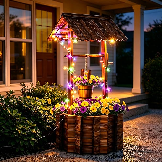 2026 Upgraded 54" H Wishing Well Planter with 11-Mode LED Lights and 3 Timer Settings, Outdoor Garden Decor with Adjustable Hanging Bucket and Drainage Base for Yard, Patio, Backyard