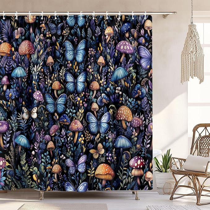 Boho Dark Mushroom Shower Curtain, Vintage Rustic Floral Butterfly Botanical Shower Curtain Purple Blue Black Farmhouse Bathroom Decor with Hook, Fairy Witchy Woodland Flowers Shower Curtain 72X72