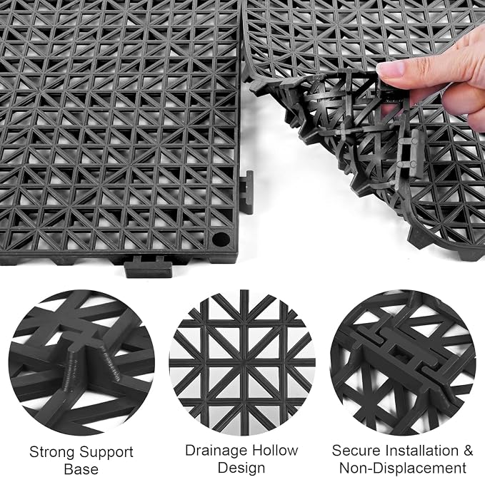 MYFAMIREA Modular Interlocking Cushion 24 Pack 11.8" x 11.8" Rubber Floor Tiles Non-Slip Splicing Drainage Mats for Deck, Pool, Outdoor Shower, Patio, Balcony, Indoor Bathroom, Kitchen, Yard (Black)