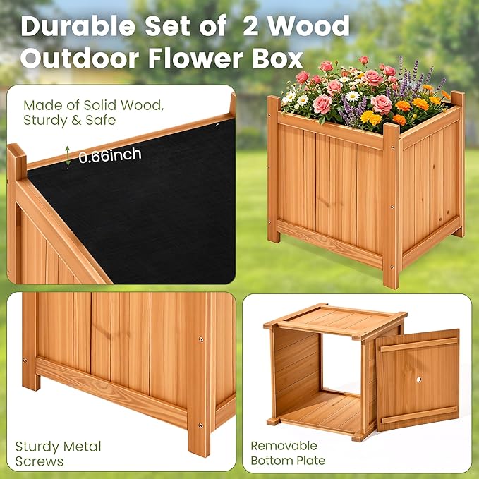 Set of 2 Wooden Planter Boxes Outdoor, 16.1" Square Fir Wood Flower Planters with Liner, Drainage Holes & Removable Bottom Board, Natural Wood Outdoor Bucket Planter for Patio Porch Yard Garden