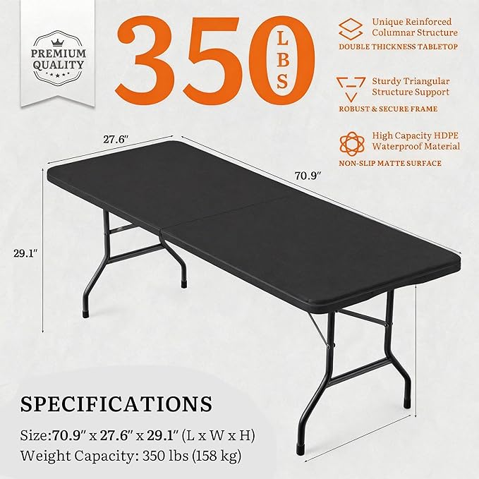 DWVO 6FT Folding Table, Heavy Duty Folding Tables with Carrying Handle, HDPE Fold up Table for Outdoor Camping Picnic Parties, Indoor Events, Black