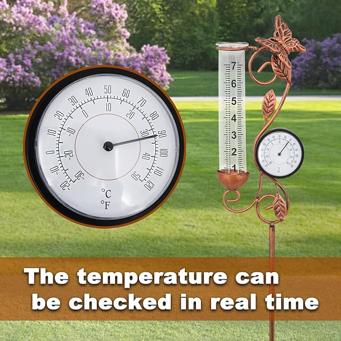 Rain Gauge Outdoor, coppery Butterfly Rain Gauge with Thermometer for Measuring Precipitation, Garden Decoration,Yard Garden Patio Lawn(Coppery Butterfly Thermometer)