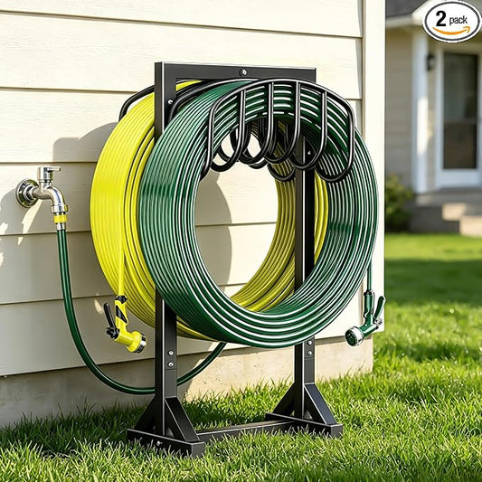 HeroicLion Garden Hose Holder Holds 2 x 151FT Hoses, Heavy-Duty Metal Freestanding Hose Stand Hanger with Stable Base, Rustproof Double Water Hose Holders for Outside Yard Lawn Farm, Black