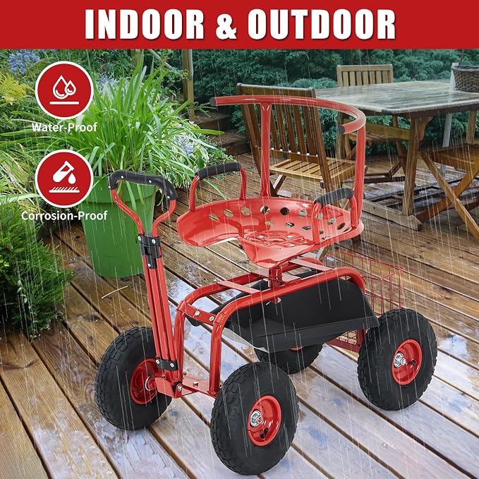 Rolling Garden Work Seat with Wheels, 300lbs Heavy Duty Garden Cart, 360° Swivel Adjustable Height Rolling Stool, Extendable Handle, Storage Basket & Tray for Gardening, Lawn Care, Adults & Seniors