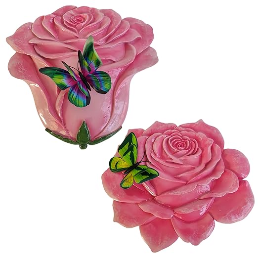 Garden Stepping Stones Outdoor Walkway – Resin Rose Flower Pavers for Path, Lawn & Backyard -Walkway Sculpture Yard Art,Rose Ornament as a for Loved Ones – Set of 2, Pink
