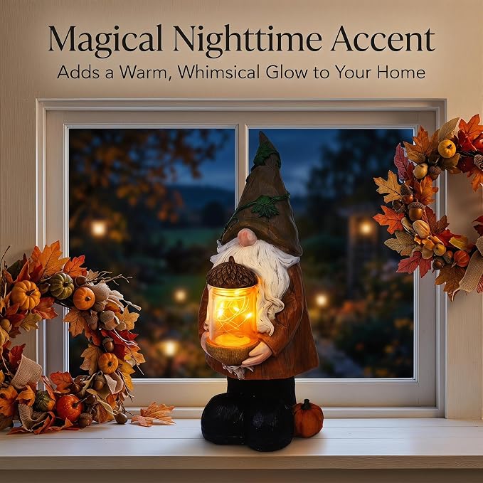 Topadorn Lighted Fall Gnome with Acorn Jar LED Figurine – Resin Harvest Gnome Statue, Thanksgiving Autumn Table Decor for Home, Patio & Tiered Tray