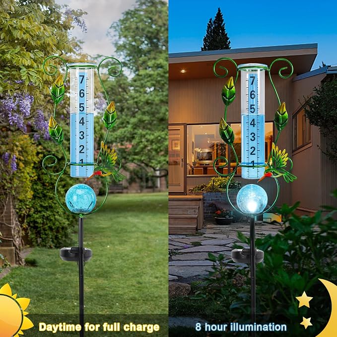 MUMTOP Rain Gauge Outdoor, 36 Inch Large Number Solar Lights Hummingbird Water Gauge for Lawn, Yard and Garden