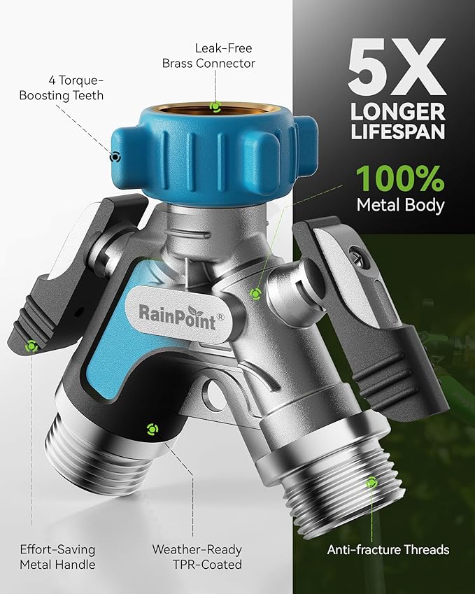 RAINPOINT Garden Hose Splitter 2 Way, All Metal Heavy Duty Water Hose Y Splitter With 2.05" Extra Long Side Handle & Shut Off Valves, 3/4 Inch GHT Thread Connector For Outdoor Spigot Faucet (Blue,2)