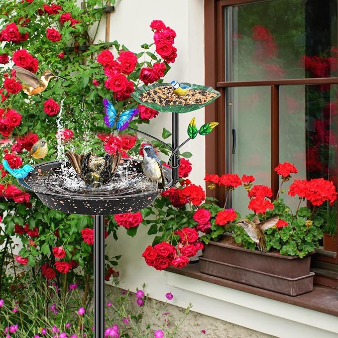 Metal Bird Bath for Outside Garden Birdbath Bowl, Freestanding Bird Feeders for Outdoors with 5 Prongs Base Stake, Standing Birdfeeders Birdbath Bowl for Yard Decor(Black-2-in-1-Butterfly)