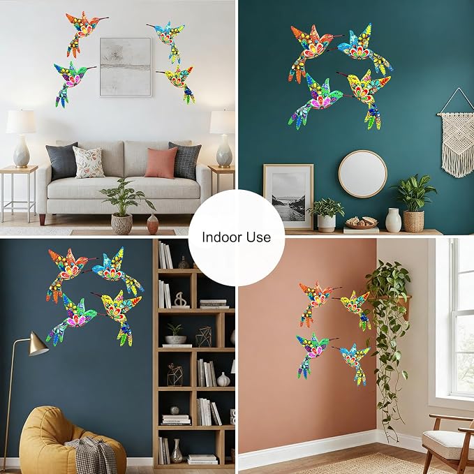 Cruis Cuka Outdoor Metal Wall Art Garden Decor for Outside Colorful Hummingbird Fence Art - (Set of 4,ColorFFX)