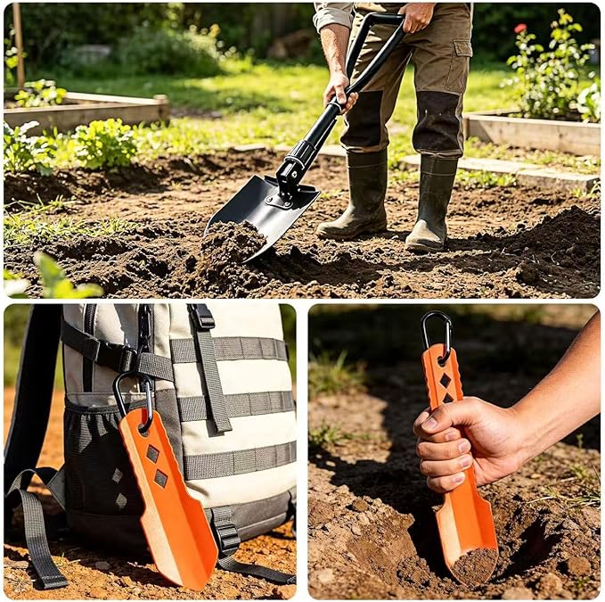Camping Shovel Set, 3-in-1 Ultra-Light Aluminum Mini Shovel & 18.5'' Folding High Carbon Steel Shovel Ideal for Gardening, Hiking, Camping, Backpacking, Survival（Black）