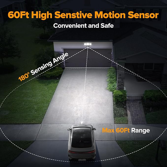 UME Battery Powered Motion Sensor Outdoor Lights 302 LED 1800LM, IP65 Waterproof Battery Operated Flood Lights Outdoor, 3 Heads Security Motion Light with 3 Modes for Garden Patio Yard