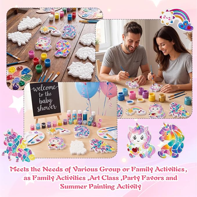 Lewtemi 16 Pcs Paint Your Own Stepping Stones for Craft, DIY Plaster Stepping Stones Garden Decor Painting Art Set for Art Class, Summer Activities & Home Decor (Unicorn)