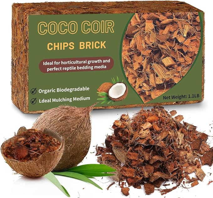 Doter Coco Chips Substrate 1.1 LB, Organic Coconut Husk Brick with Low EC and pH Balanced, Easy to Expand Coco Coir Mulch Medium for Garden Flowers & Reptile Bedding (1 Pcs)