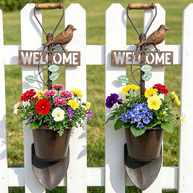 2Pcs Metal Wall Planter,Vintage Wall Hanging Planter with Welcome Sign, Rustic Farmhouse Wall Decor with Bird, Garden Wall Plant Holder for Porch Patio Entryway