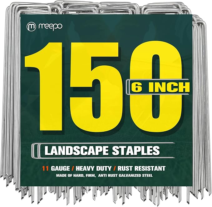 M MEEPO Garden Stakes, 150-Piece 6 Inch Never Rust Galvanized Landscape Staples, 5X Sharper Durable Stakes for Gardening, Tent, Weed Barrier, Outdoor Yard Decoration, Plant Cover