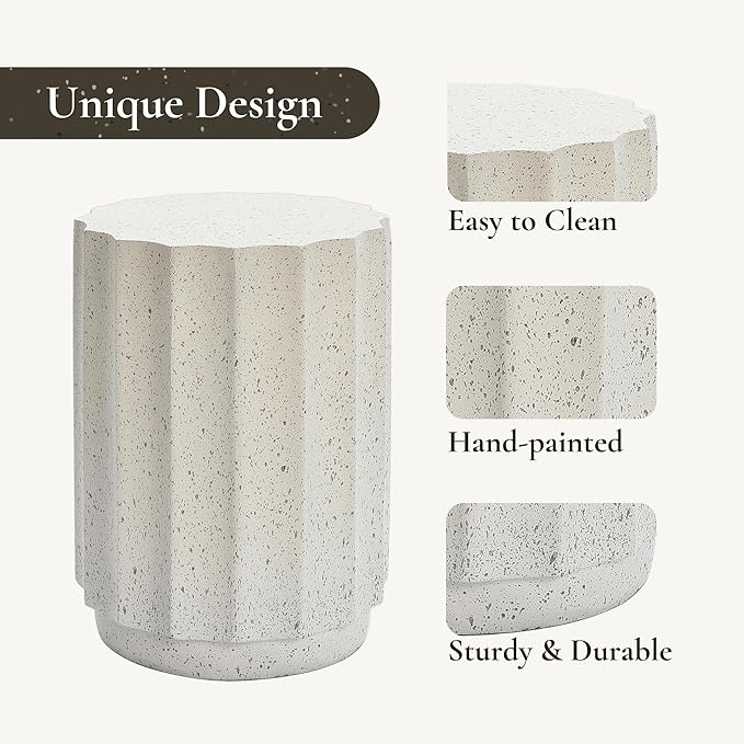 LuxenHome Cream with Gray Cement Fluted Round Indoor Outdoor Side and End Table, Set of 2