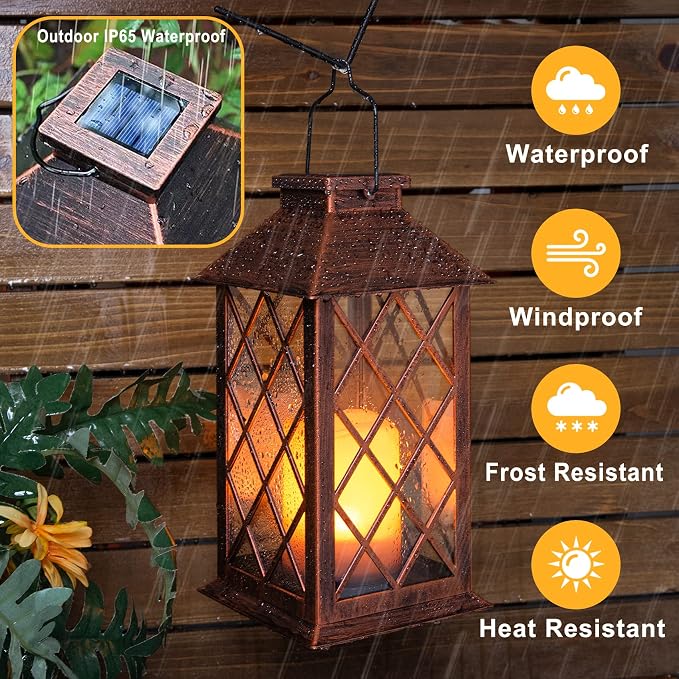 TAKE ME 14" Solar Lanterns Outdoor Garden Lantern Waterproof LED Flickering Flameless Candle Mission Lights for Table,Outdoor,Party