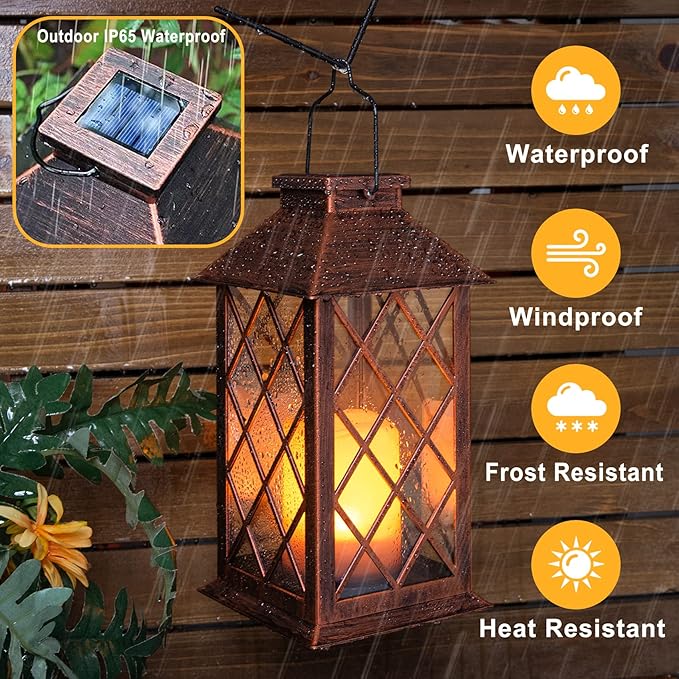[2 Pack] TAKE ME 14" Solar Lantern Outdoor Garden Hanging Lantern Waterproof LED Flickering Flameless Candle Mission Lights for Table,Outdoor, Mothers Day Gifts Mom Wife