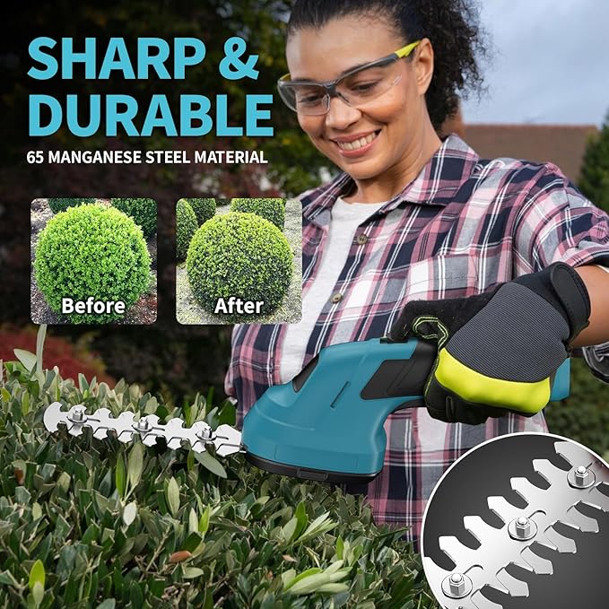 FULLYEA Hedge Trimmer Cordless Grass Shear, 2 in 1 Handheld Small Bush Trimmer,2.0Ah Battery & Type-C Cable Included, Lightweight Electric Hedge Trimmer for Garden Yard Lawn(Blue)