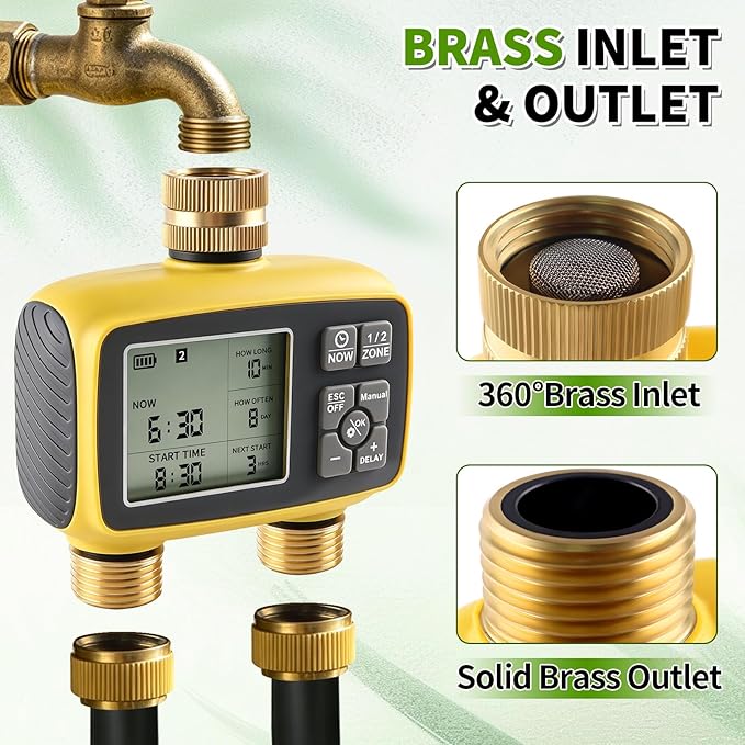 Boltigen Upgraded Brass Sprinkler Timer-2 Zone Water Hose Timers with Metal Inlet & Outlet-Waterproof & Programmable Design Timer Rain Delay & Manual Watering, for Outdoor Garden Irrigation Lawn Yard