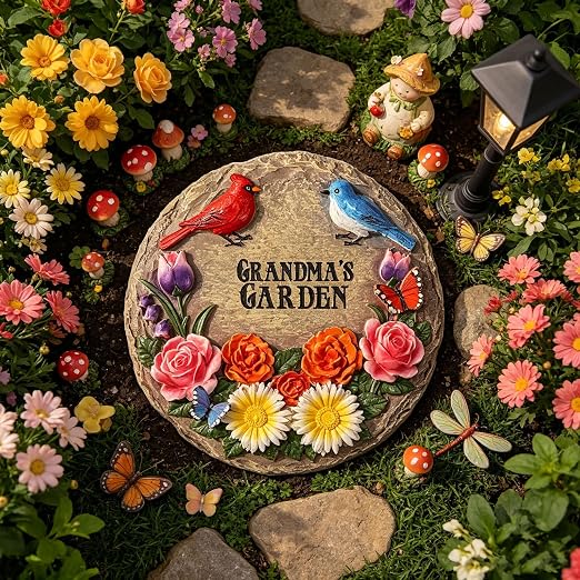 Grandma's Garden Stepping Stones for Mother's Day with Cardinal Robin Birds Flowers Butterflies, Round Resin Stepping Stones for Garden Yard Walkway Patio Grandma Gifts Birthday Retirement