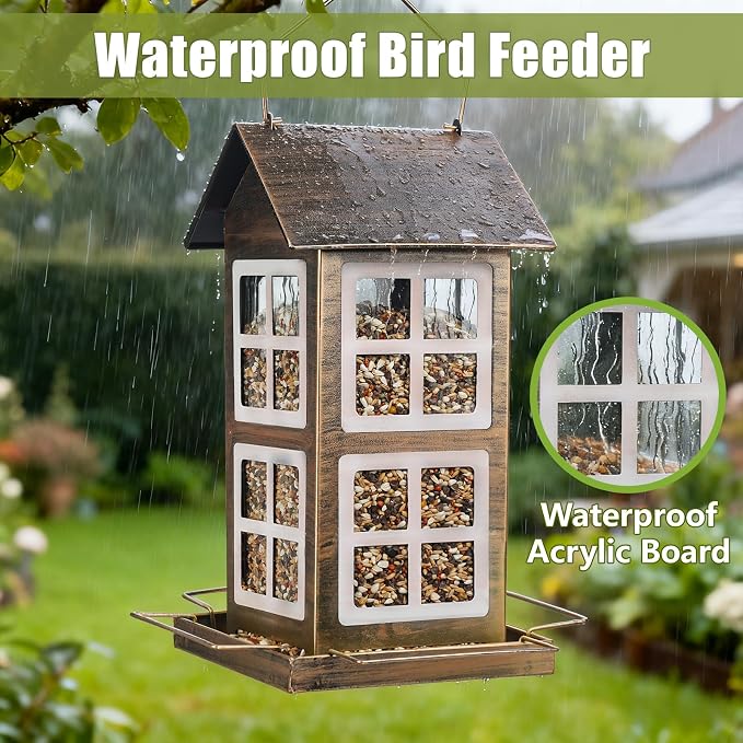 Bird Feeders, Heavy Duty Metal Bird Feeder for Outdoors Hanging, Weatherproof Large Capacity Wild Birdfeeder for Outside Garden Yard, Country House Shape (Vertical)
