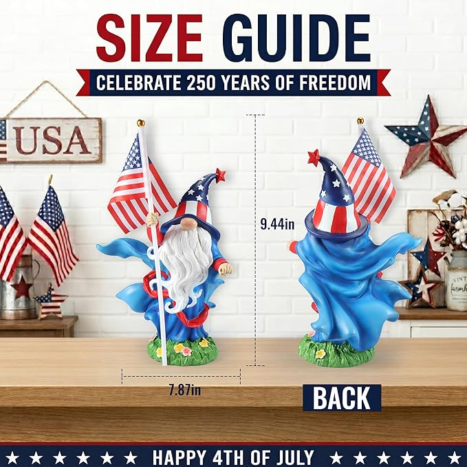 4th of July Decorations Patriotic Gnome Statue Holding American Flag, 250 Years America Faceless Garden Gnome Decor for Indoor Outdoor Patio Yard Lawn, Independence Day Memorial Day USA Merchandise