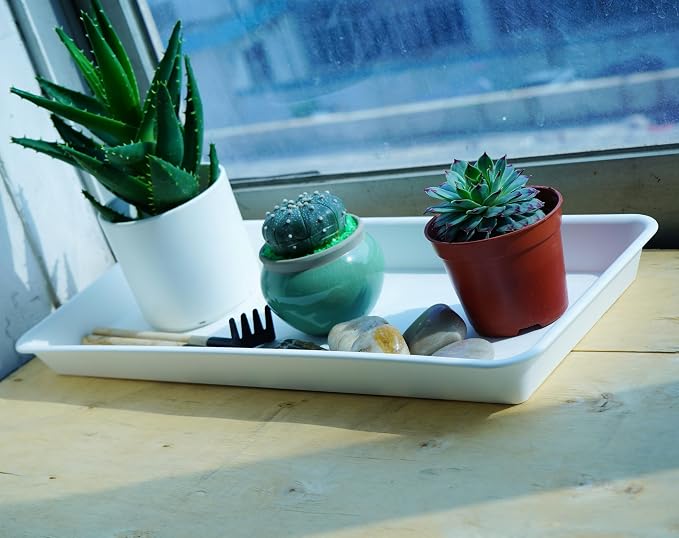 VUWEZ 2 Pack Plastic Plant Tray Saucer - Rectangular 24 inch, Indoors/Outdoors, Drip Tray for Flower Pot, Windowsill (8 X 24'', Cream White)