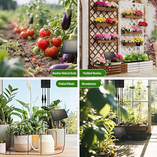 Solar Automatic Drip Irrigation Kit System, 12 Timer Settings Garden Irrigation System, Self Watering Devices for Plants, Raised Beds, Greenhouse, Travel, IP44 Waterproof (10 Pots)