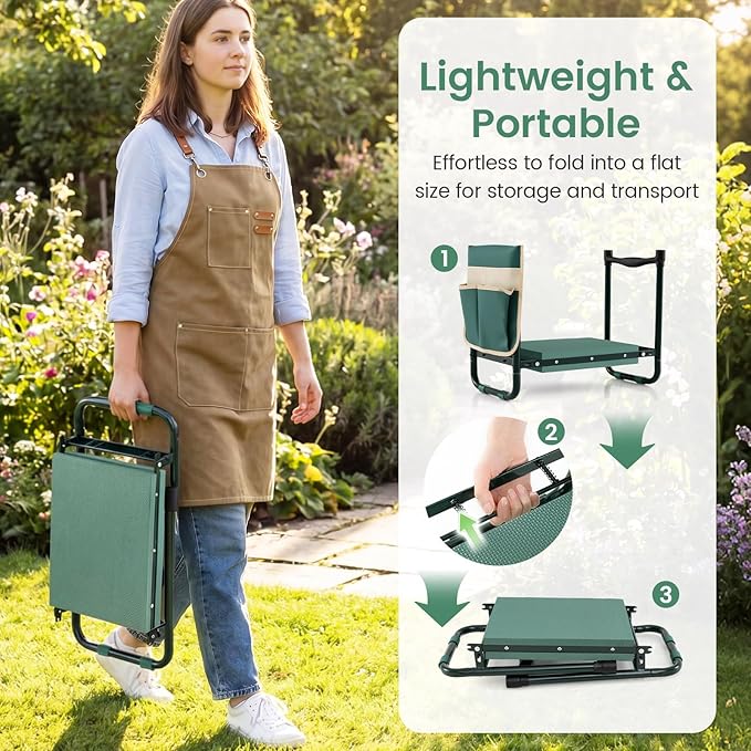Giantex Garden Kneeler and Seat, Foldable Gardening Stool w/Wide EVA Foam Padding, Tool Pouch, Heavy-Duty Kneeling Bench for Knee & Back Pain Relief, Gardening Kit for Seniors Women Men (Green)