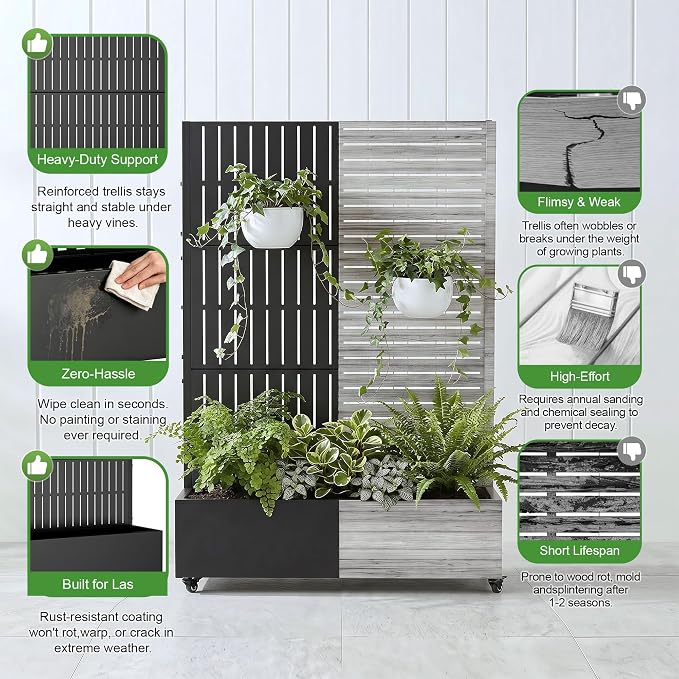Casaphoria Metal Raised Garden Bed with Trellis and Wheels, 72"x47"x16" Planter Box for Climbing Plants, Vegetables & Vines, Features Drainage Holes and Privacy Screen (Black)