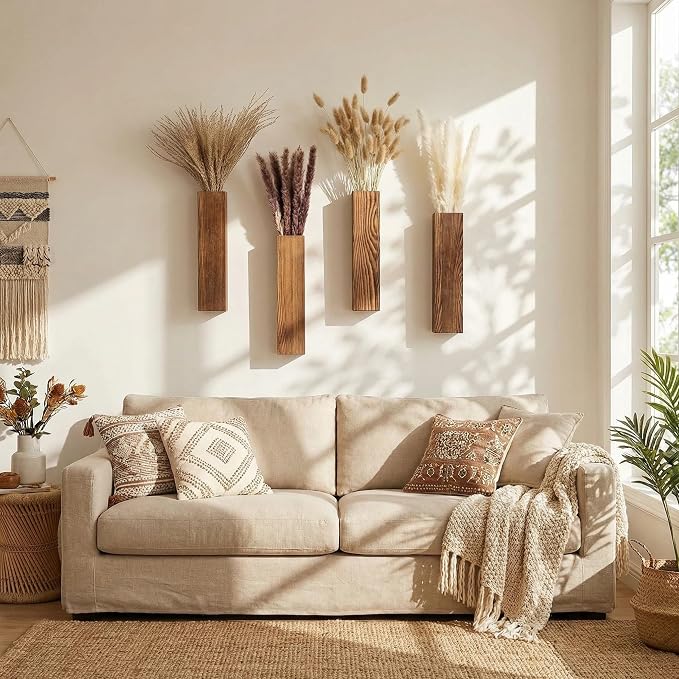 4-Piece Wooden Hanging Wall Vase Set with Pampas Grass and Eucalyptus Dried Flowers, Modern Farmhouse Home Decor for Living Room Entryway Bathroom Hallway Dining Room（Walnut）