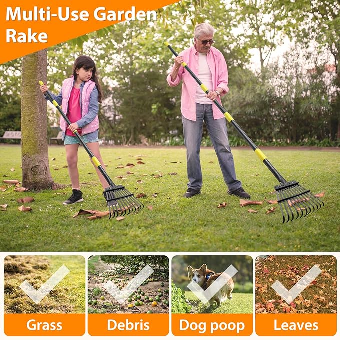 Rake for Leaves - 11 Tines Heavy Duty Metal Small Narrow Leaf Rakes, Adjustable Garden Rake for Lawns Yard Flower Bed Grass Mulch Shrub Camping Gardening 65inch