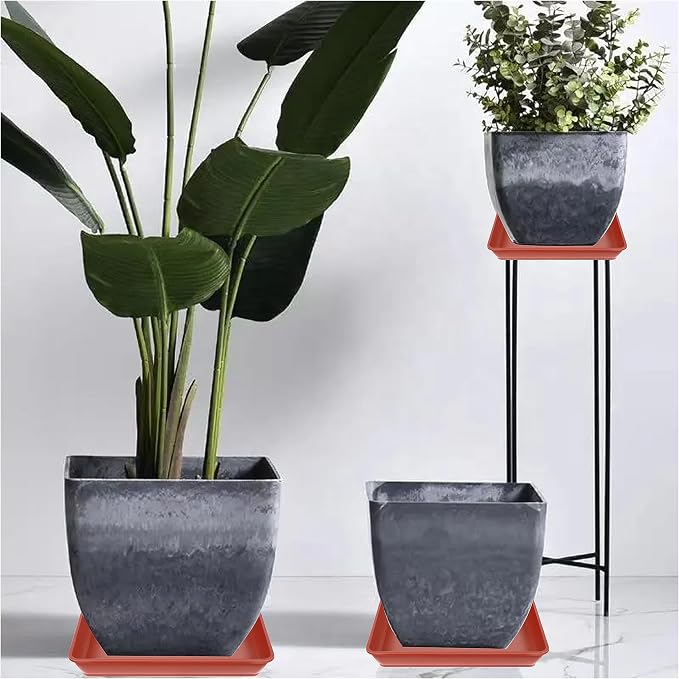LWALRS 2 Pack Square Plant Saucer 20 22 Inch, Extra Large Plant Saucers, Heavy Plastic Water Tray Tor Plants, Planters for Indoors and Outdoors Plants, Deep Plant Trays for Pots (20 inch, Terracotta)