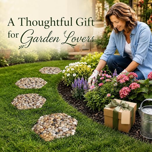 Stepping Stones Outdoor, 12 Inch Natural River Rock Garden Pavers, Set of 6 Round Pebble Stones for Walkway, Yard, Lawn, Patio, Pathway & Landscaping Decor (Hexagon)